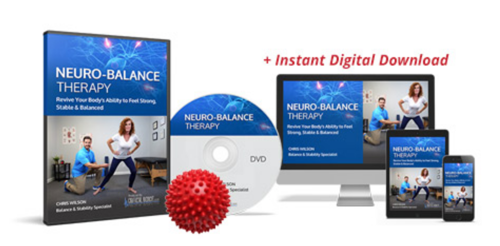 An image showing the Neuro-Balance Therapy program physical package, which includes a DVD case featuring Chris Wilson, a physical DVD disc, and a red rubber spike ball designed for nerve stimulation