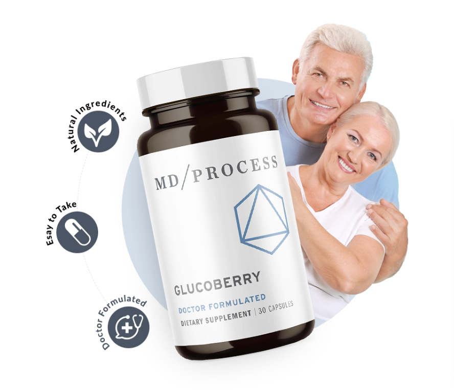 A happy senior couple smiling behind a bottle of GlucoBerry supplement and fresh blueberries on a clean white background.