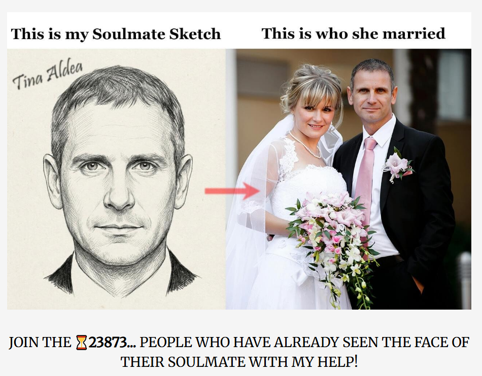 Side-by-side comparison of a real-life couple photo and a black-and-white psychic charcoal sketch. The sketch displays a similar facial structure and expression to the man in the photograph, intended to show the accuracy of the drawing.