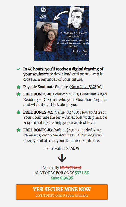 Promotional flyer for the Soulmate Sketch bundle. It displays a testimonial photo of a couple and lists a total value of $261.95, discounted to $37 USD. Included are the psychic sketch and three bonuses: a Guardian Angel Reading, an attraction eBook, and an aura cleansing masterclass.