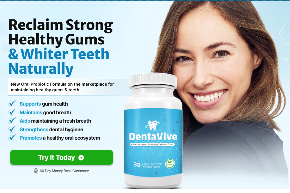 DentaVive bottle with a woman smiling, listing the product benefits: Supports gum health, maintains good breath, strengthens dental hygiene, and promotes a healthy oral ecosystem.