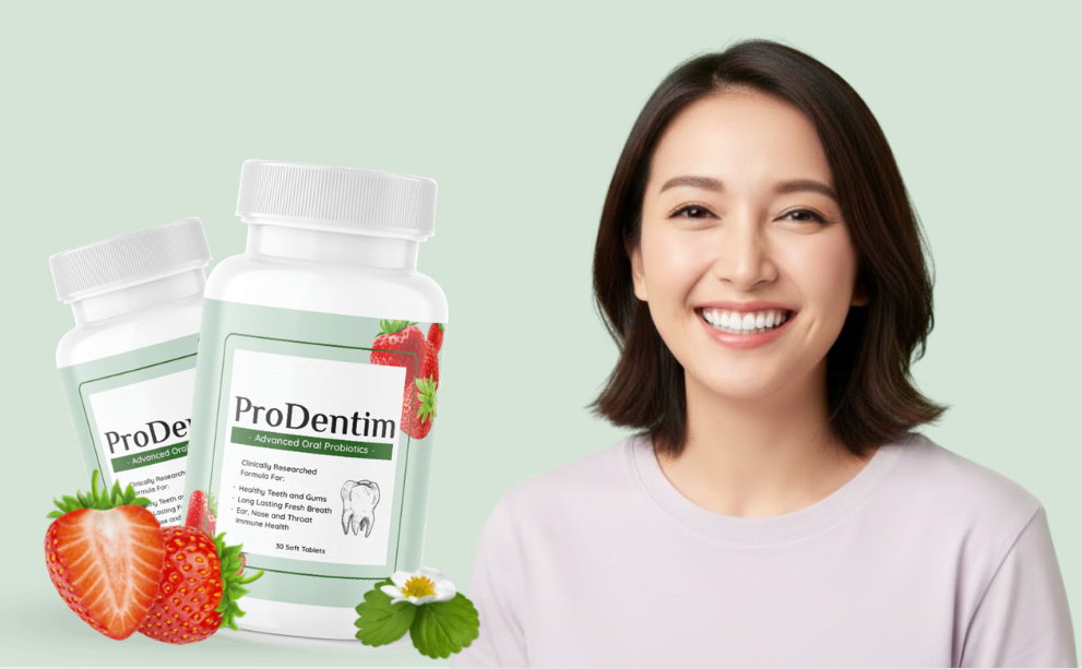 Smiling woman with healthy teeth next to two bottles of ProDentim oral probiotic supplement.