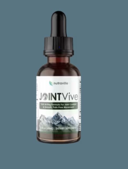 Bottle of Nutraville JointVive liquid dietary supplement with dropper, labeled for joint comfort and smooth pain-free movement
