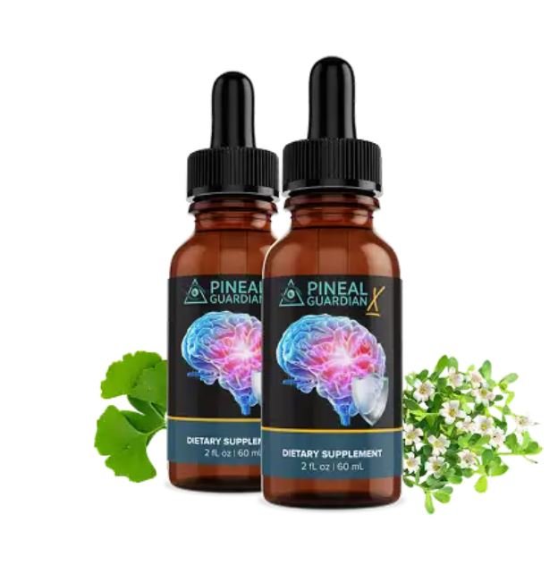 Product image showing two amber dropper bottles of Pineal Guardian X liquid dietary supplement. The label features a stylized graphic of a glowing brain and pineal gland, emphasizing its focus on cognitive health, memory, and detox support.