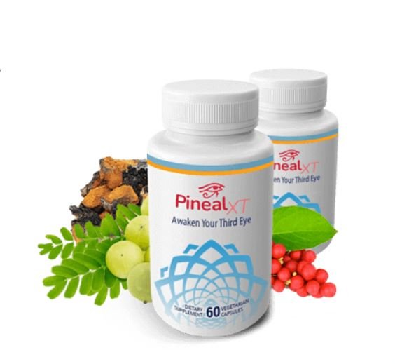 Pineal XT supplement bottles, featuring the tagline "Awaken Your Third Eye," surrounded by key herbal ingredients like Chaga Mushroom, Amla fruit (Indian Gooseberry), and Schisandra berries.