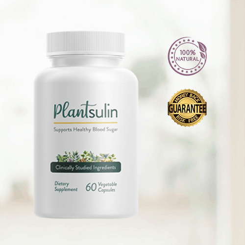 Plantsulin blood sugar support supplement bottle. Features clinically studied, 100% natural ingredients and a money-back guarantee for promoting healthy glucose levels.