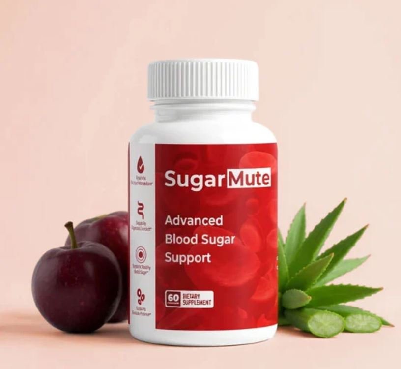A white bottle of SugarMute Advanced Blood Sugar Support capsules shown with natural ingredients like dark plums and an aloe vera leaf to highlight its organic formula.