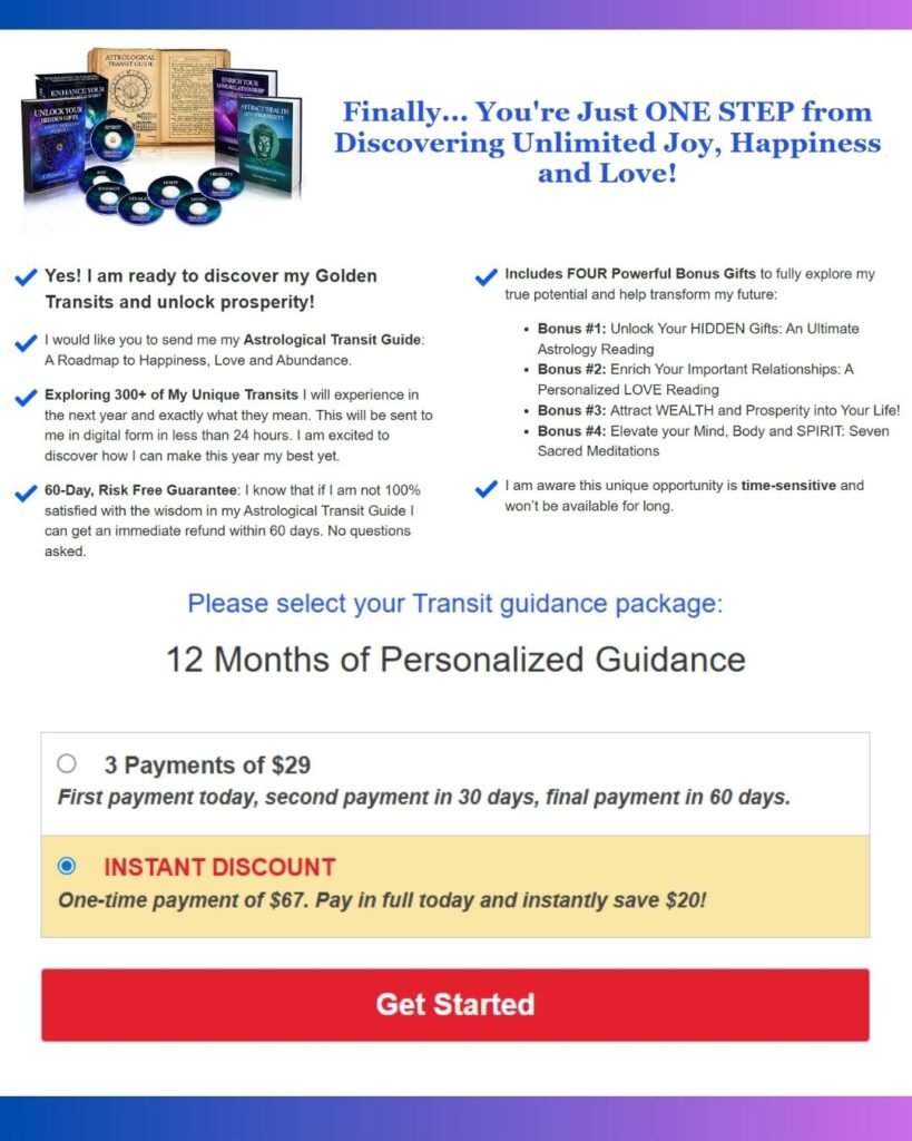 Moon Reading Astrological Transit Guide package featuring a 12-month personalized roadmap and four bonus gifts: Ultimate Astrology Reading, Love Reading, Wealth Guide, and Seven Sacred Meditations