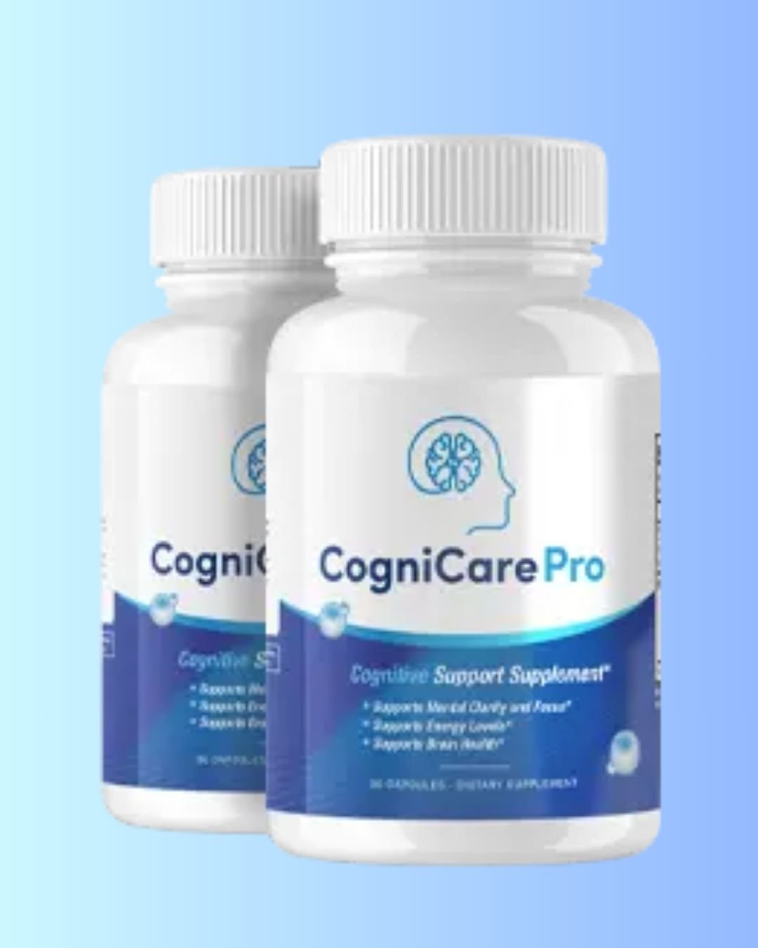 Two white bottles of CogniCare Pro Cognitive Support Supplement displayed against a light blue gradient background, highlighting its use for mental clarity, focus, and brain health.