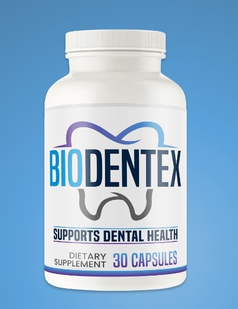 BioDentex oral health supplement bottle showing a unique blend of 11+ natural ingredients and nutrients backed by clinical research for dental health support.