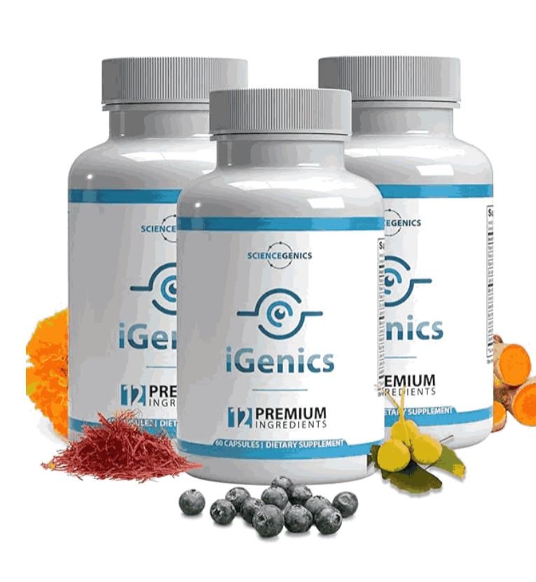 iGenics vision support supplement bottle with 60 capsules, featuring natural ingredients for macular health and blue light protection.