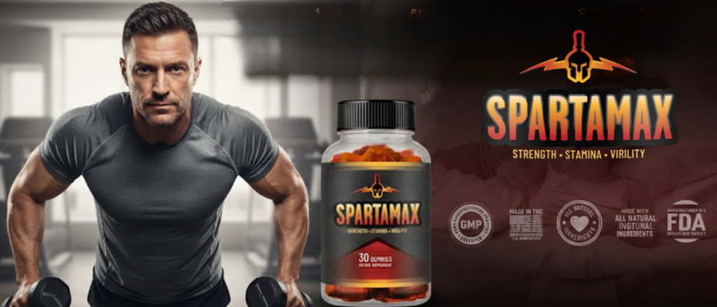 A muscular man at the gym holding a bottle of Spartamax gummies for male performance and stamina support.