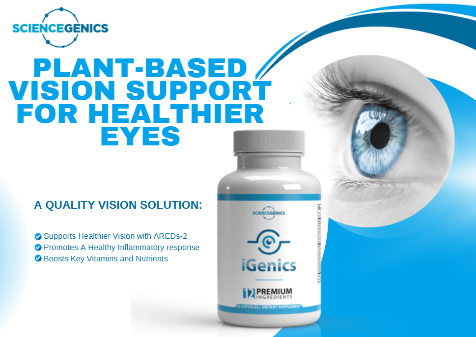 iGenics plant-based vision support infographic showing a healthy blue eye and a bottle of iGenics AREDS-2 formula eye vitamins.