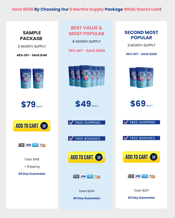 Six packets of Cardio Slim Tea metabolic tonic with natural ingredients like hibiscus and ginger for heart health support.