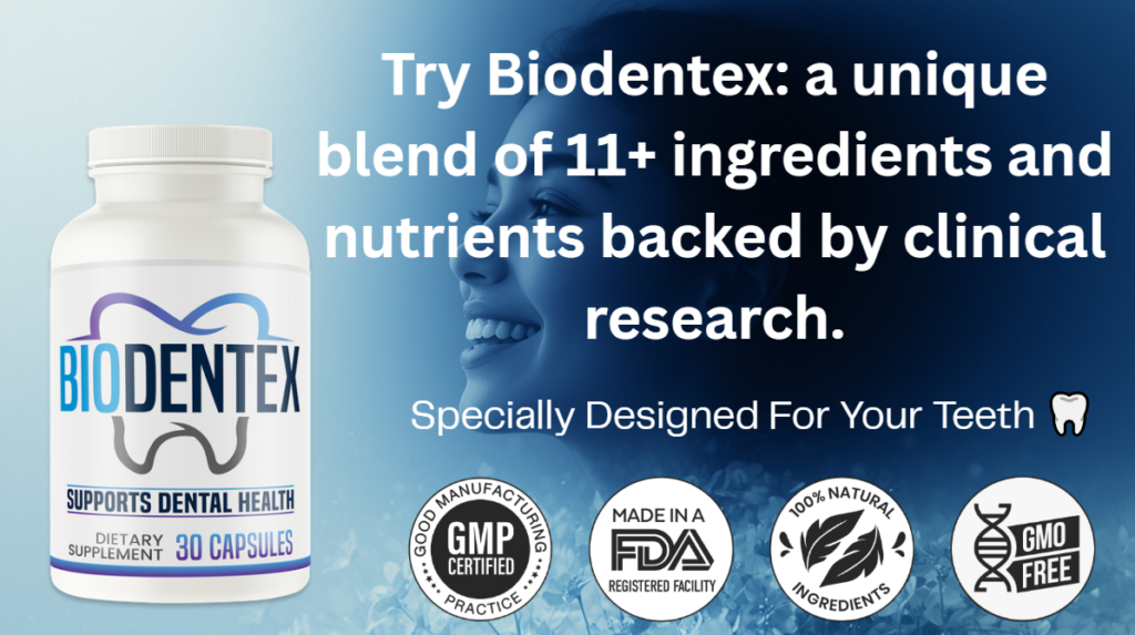 BioDentex oral health supplement bottle showing a unique blend of 11+ natural ingredients and nutrients backed by clinical research for dental health support, a woman is smiling in the ice blue background.