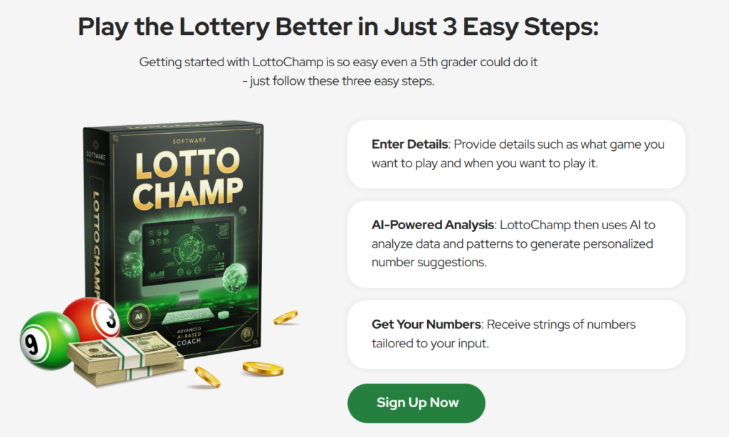 Lotto Champ 2026 Review: AI lottery prediction software analyzing patterns and historical data on a tablet interface with a 60-day money-back guarantee badge.