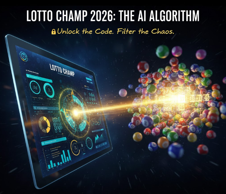 Lotto Champ 2026 Review: AI lottery prediction software analyzing patterns and historical data on a tablet interface with a 60-day money-back guarantee badge.