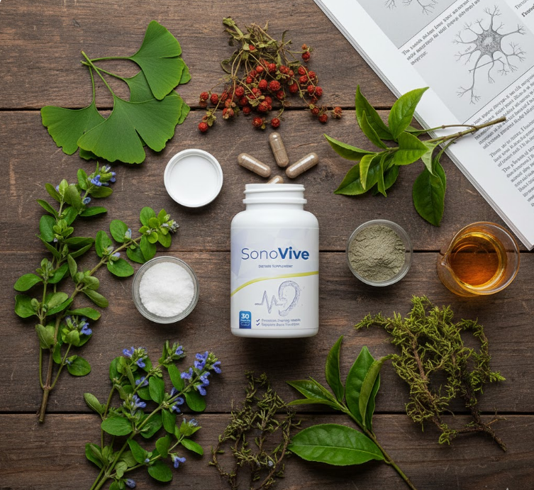 SonoVive hearing supplement bottle surrounded by natural ingredients including Ginkgo Biloba leaves, Bacopa Monnieri, and St. John’s Wort on a rustic wooden background with an anatomical brain diagram.
