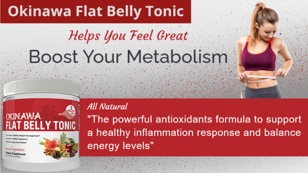 A promotional image for Okinawa Flat Belly Tonic. On the left is a product jar showing ingredients like pineapple, berries, and ginger. On the right, a woman in fitness gear measures her waist with a tape measure.