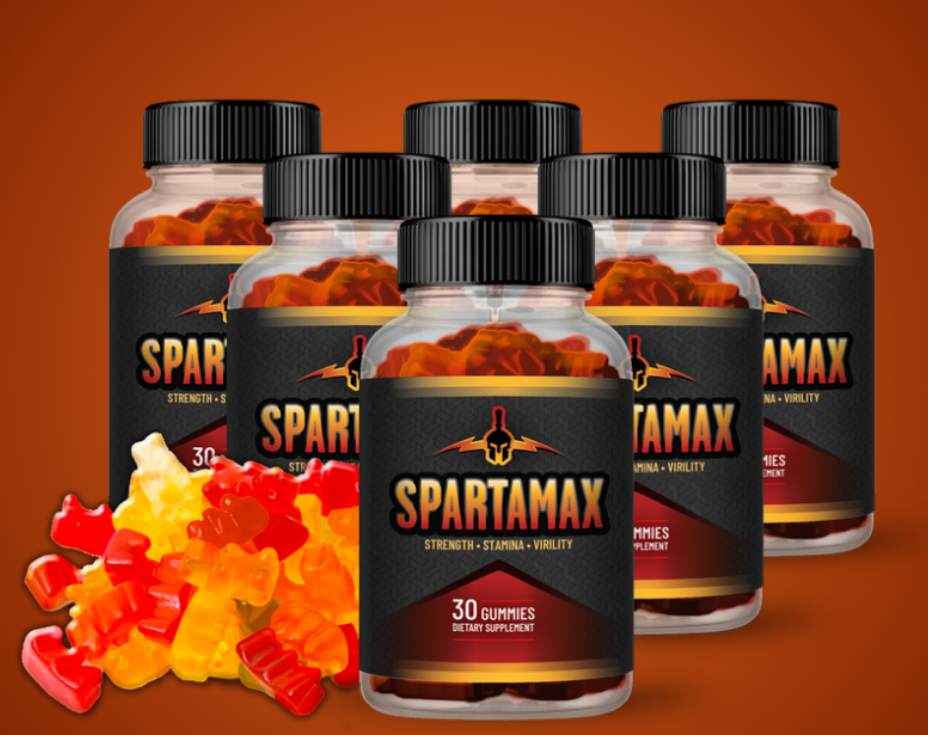 A pile of red and yellow gummy bears next to five bottles of Spartamax 30-count dietary supplement gummies.