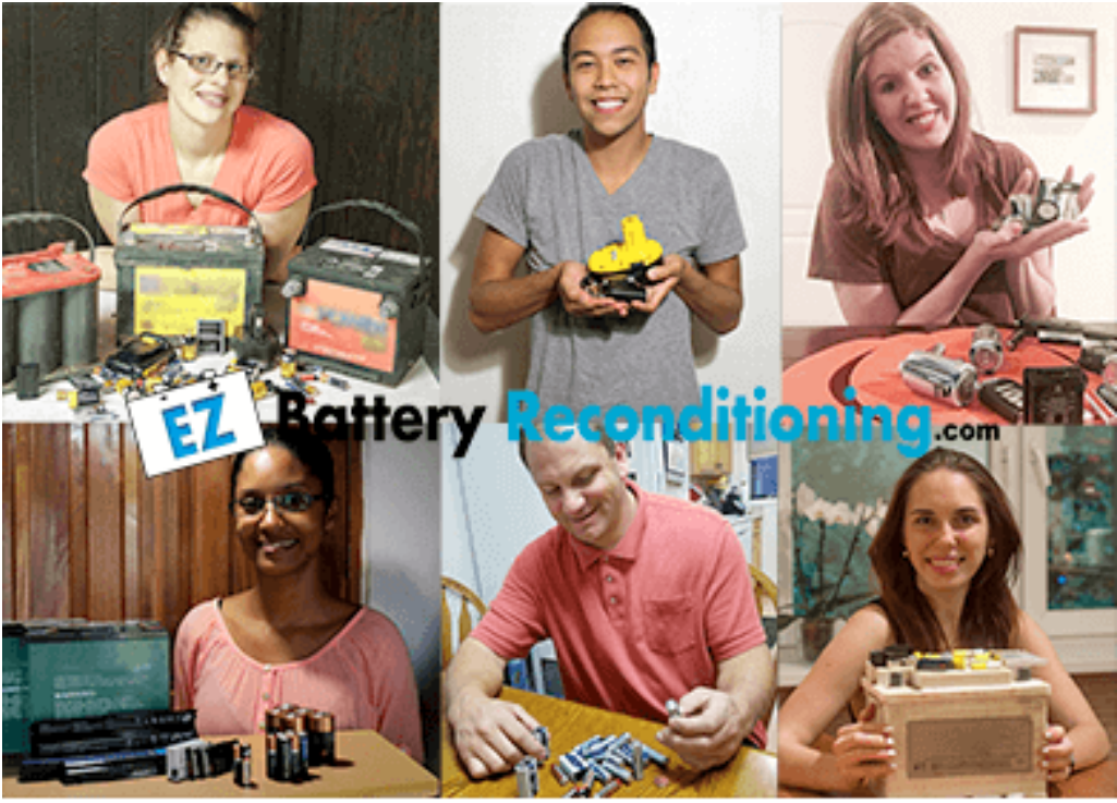 A collage of positive customer testimonials for EZ Battery Reconditioning showing revived car and golf cart batteries.