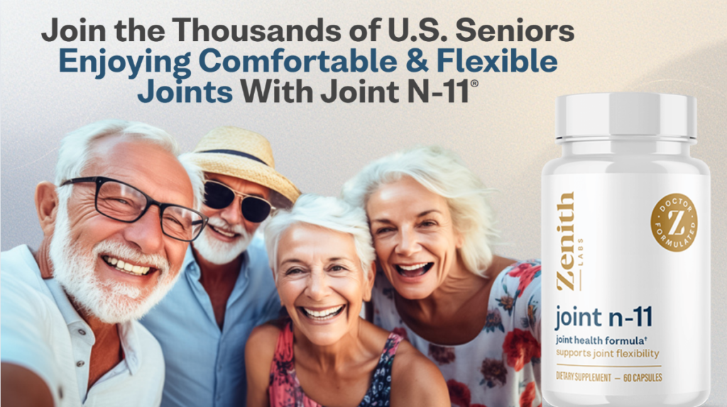A group of smiling, active U.S. seniors enjoying mobility and joint flexibility alongside a bottle of Zenith Labs Joint N-11 joint health formula.
