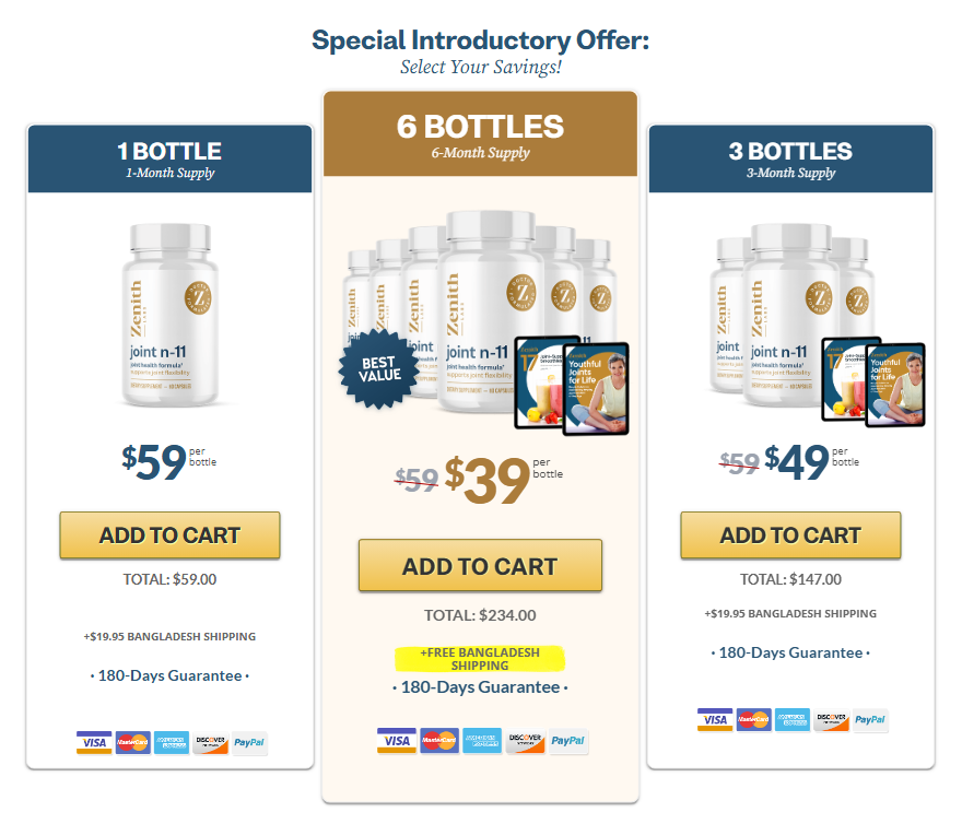 oint N-11 price comparison chart for 1, 3, and 6-bottle packages including the 180-day money-back guarantee trust badge.