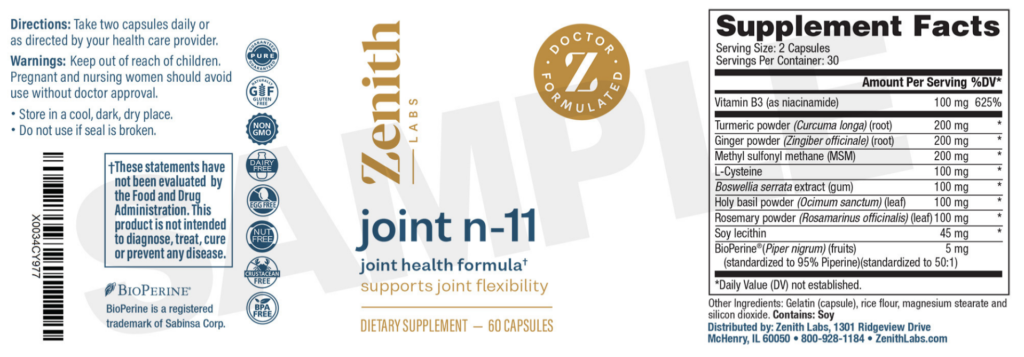 Supplement Facts label for Joint N-11 by Zenith Labs showing 100mg Niacinamide, Turmeric Root, Ginger, MSM, and Boswellia Serrata dosages.