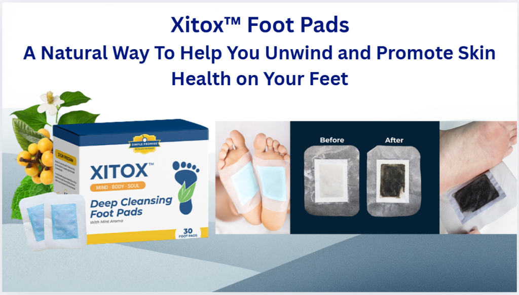 Xitox Deep Cleansing Foot Pads retail box with before and after comparison showing a pad turning dark after use to promote foot skin health.