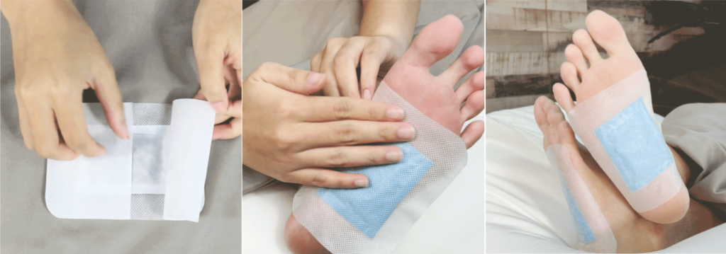 Three-step visual guide showing how to peel the adhesive, apply the Xitox pad to the sole of the foot, and wear it overnight for cleansing.