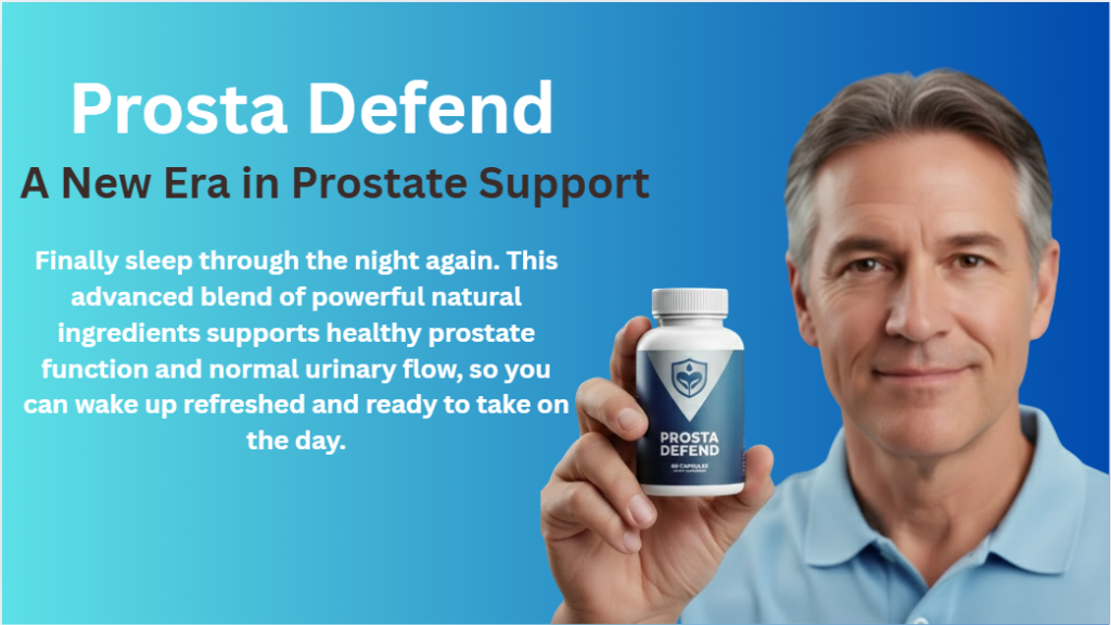 A middle-aged man smiling confidently while holding a bottle of Prosta Defend dietary supplement, set against a professional blue and teal background with text highlighting natural prostate support and improved sleep. 🛡️👨‍💼