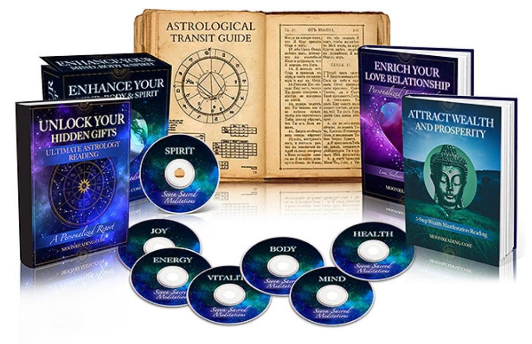 Moon Reading Astrological Transit Guide package including the digital roadmap and four bonus gifts: Ultimate Astrology Reading, Love Reading, Wealth Guide, and Seven Sacred Meditations.