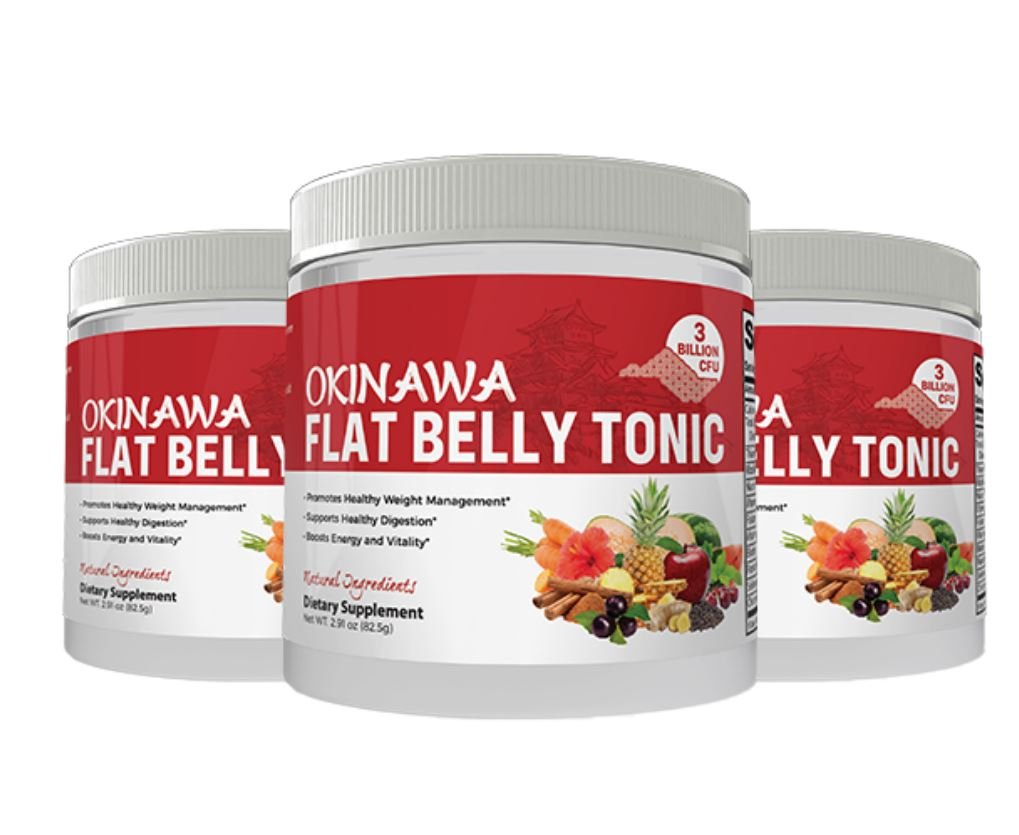 Three white jars of "Okinawa Flat Belly Tonic" dietary supplement with red labels featuring illustrations of fruits, vegetables, and spices.