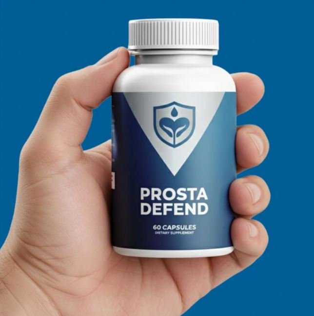a bottle of Prosta Defend dietary supplement, set against a professional blue and teal background with text highlighting natural prostate support and improved sleep